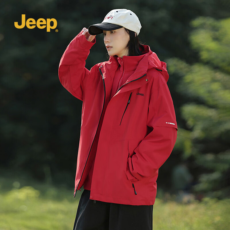 JEEP男装秋冬季新品男士户外运动三合一冲锋夹克上衣休闲连帽加绒外套 黑色 /抓绒内胆 4XL