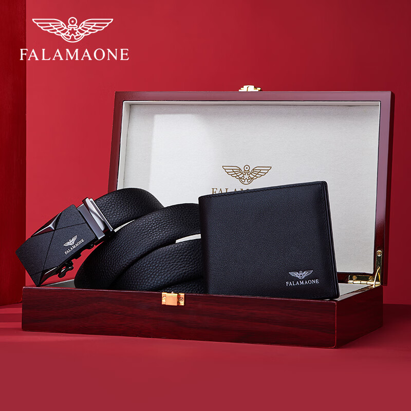 FALAMAONE法莱阿玛尼短款男士钱包真皮商务头层牛皮情人节礼物送男朋友老公 钱包皮带套装二【实木礼盒】 代写贺卡打印照片联系客服