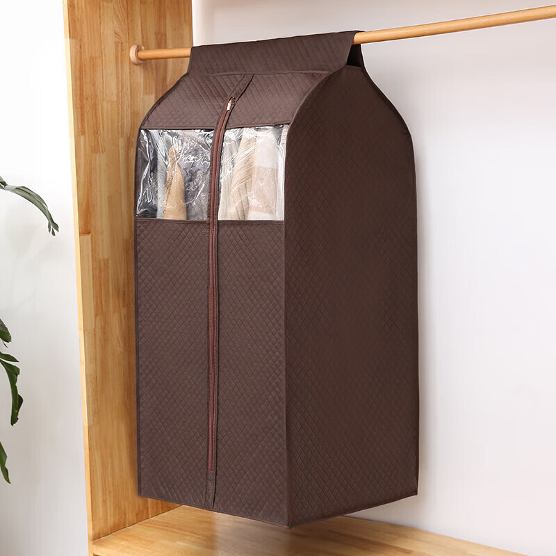 愛之橙衣服防塵罩透明掛式家用立體衣物防塵袋衣罩防塵套無紡布大衣服套 咖啡色 加寬-中號（52*52*90）