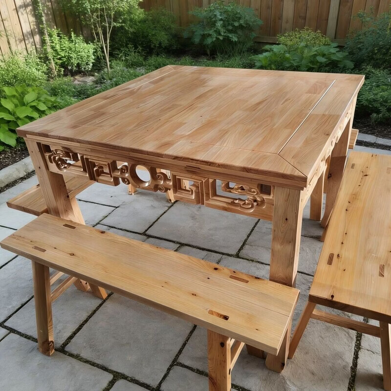 欣慕雅中式饭店面馆餐馆酒店明清仿古餐桌正方形桌子方桌家用实木八仙桌 1米长 1米宽75厘米高原木色雕花桌