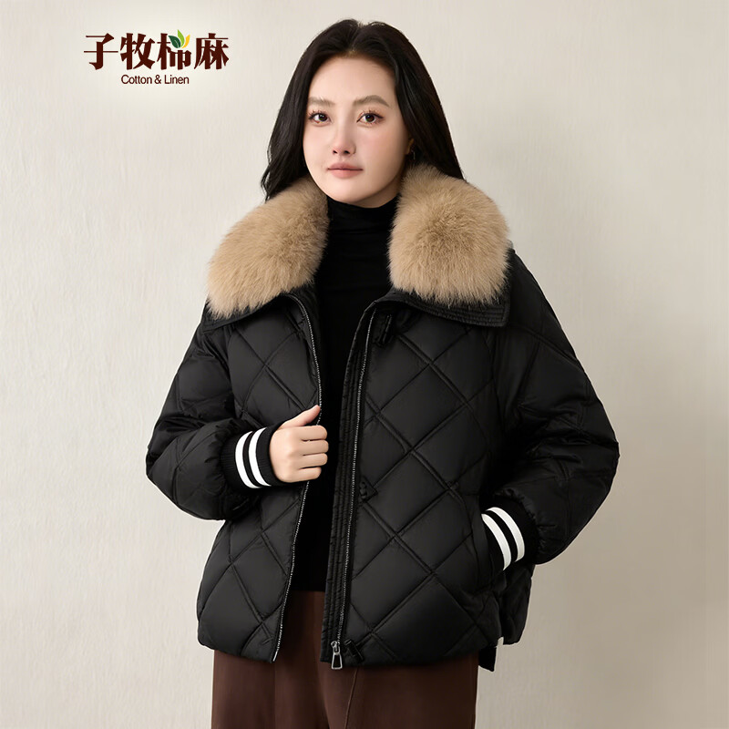 子牧棉麻冬装 女洋气毛领棉服宽松长袖牛角扣棉衣外套上衣6608 黑色 XL (建议135-150斤)