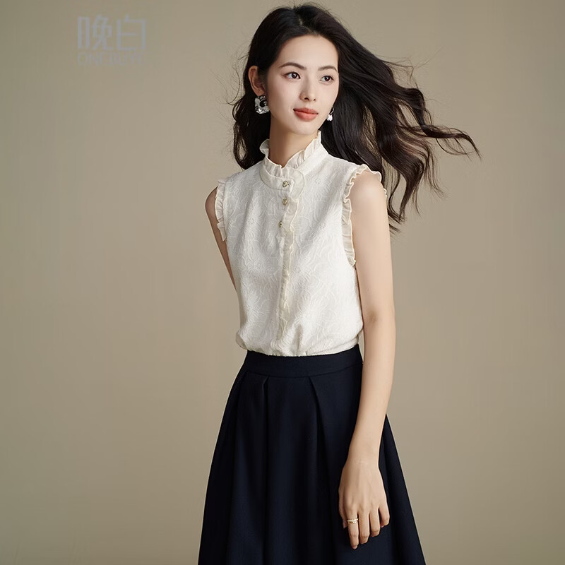 晚白【断码清仓】时尚优雅法式蕾丝上衣内搭外穿温柔知性无袖衬衫女 杏色 S