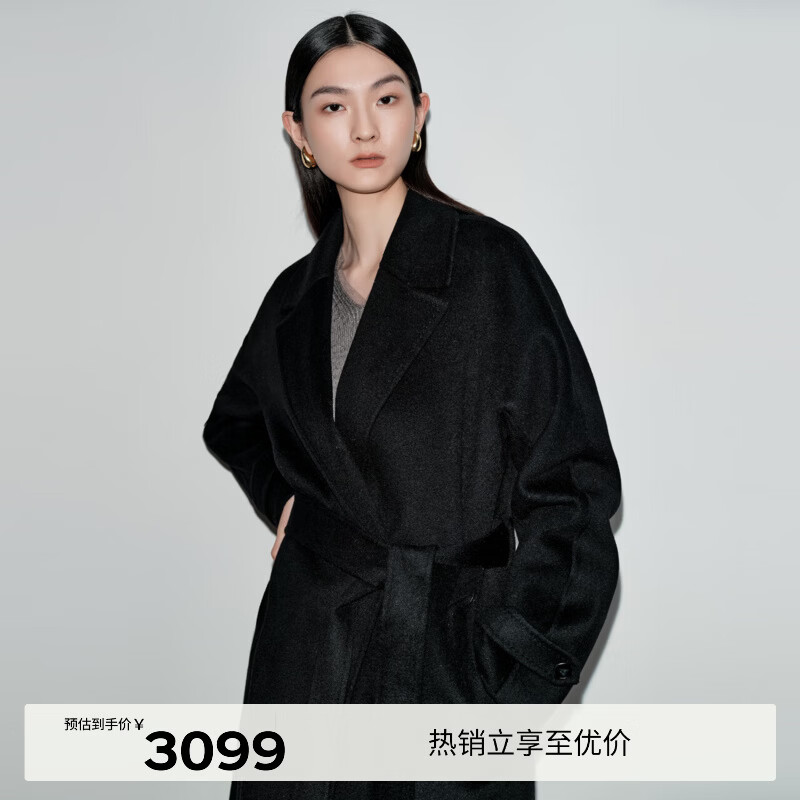 伊芙丽（eifini）蒋欣代言【高智大衣】经典浴袍式双面羊绒呢大衣外套女秋季新款 黑色 S 155/80A100-110斤