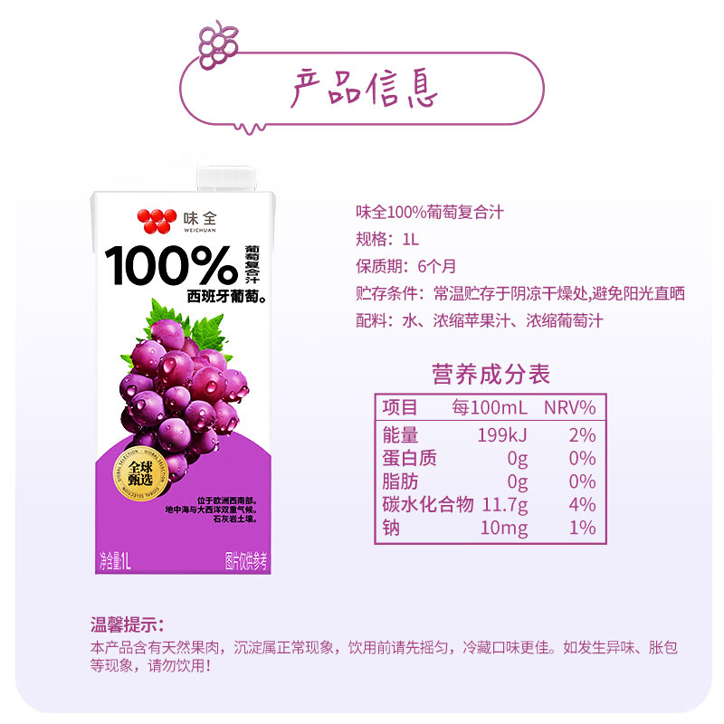 味全【节日送礼】常温果汁饮料新鲜水果汁儿童营养整箱礼盒 常温葡萄汁1L*4瓶