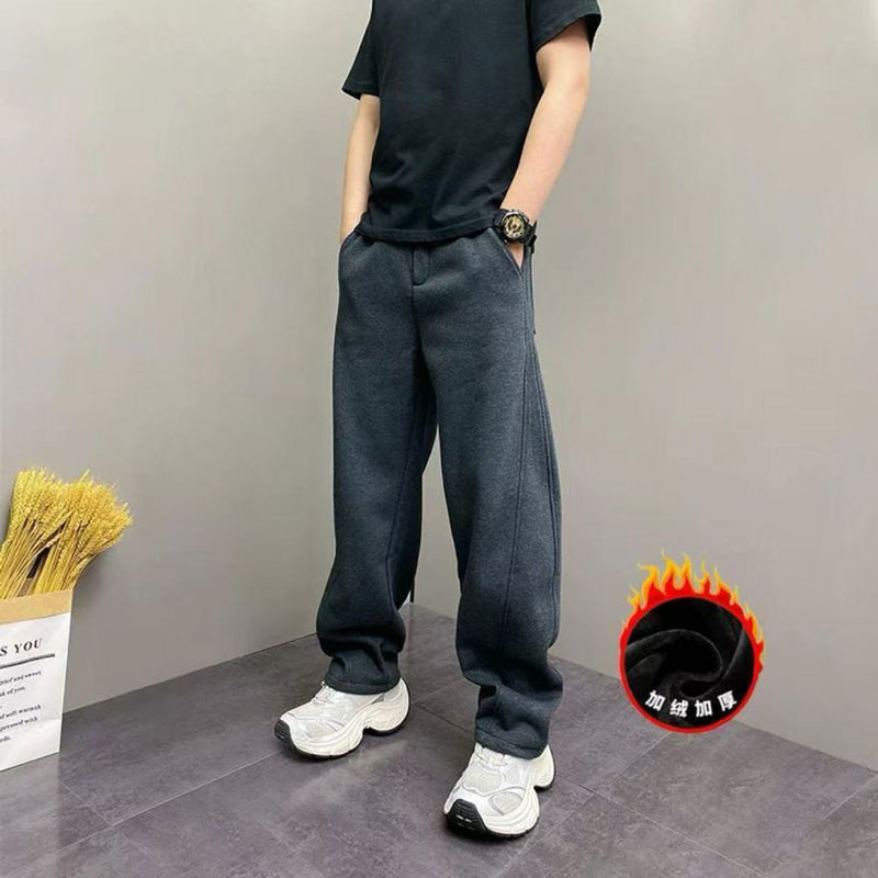 2025新款冬季加绒简约百搭弯刀休闲裤男士宽松显瘦直筒运动裤CLQ 深灰加绒 2XL （150-170斤）