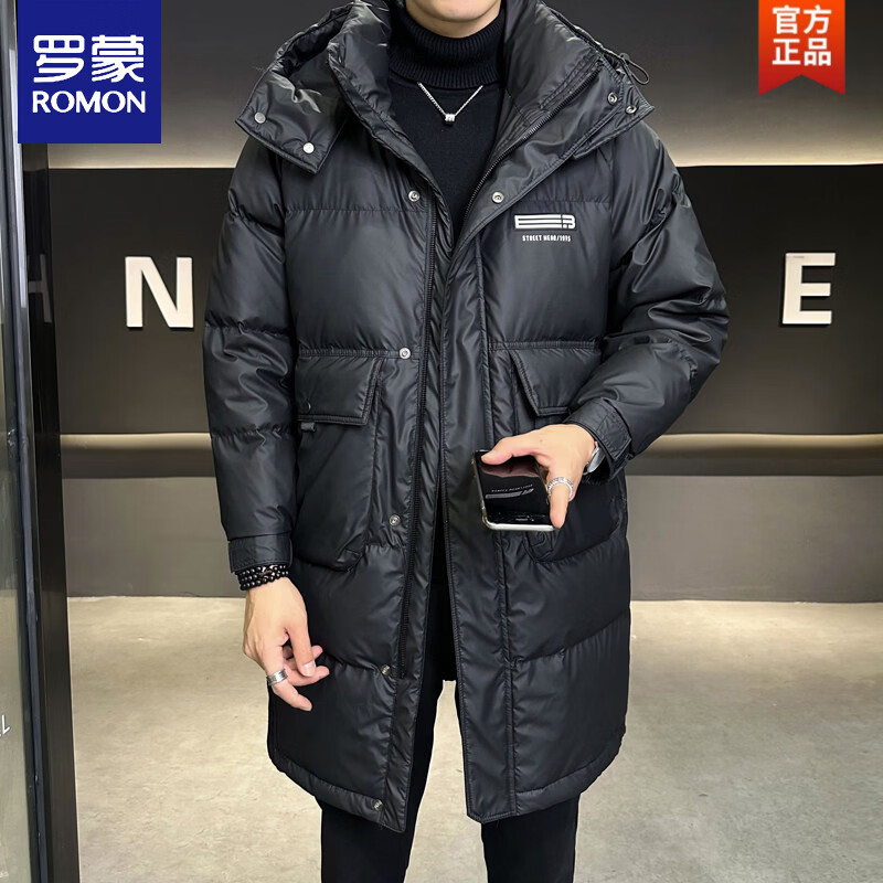 罗蒙（ROMON）中长款羽绒服男加厚连帽防寒服保暖衣服2025新款潮牌感外套男 黑色 L 100-125斤