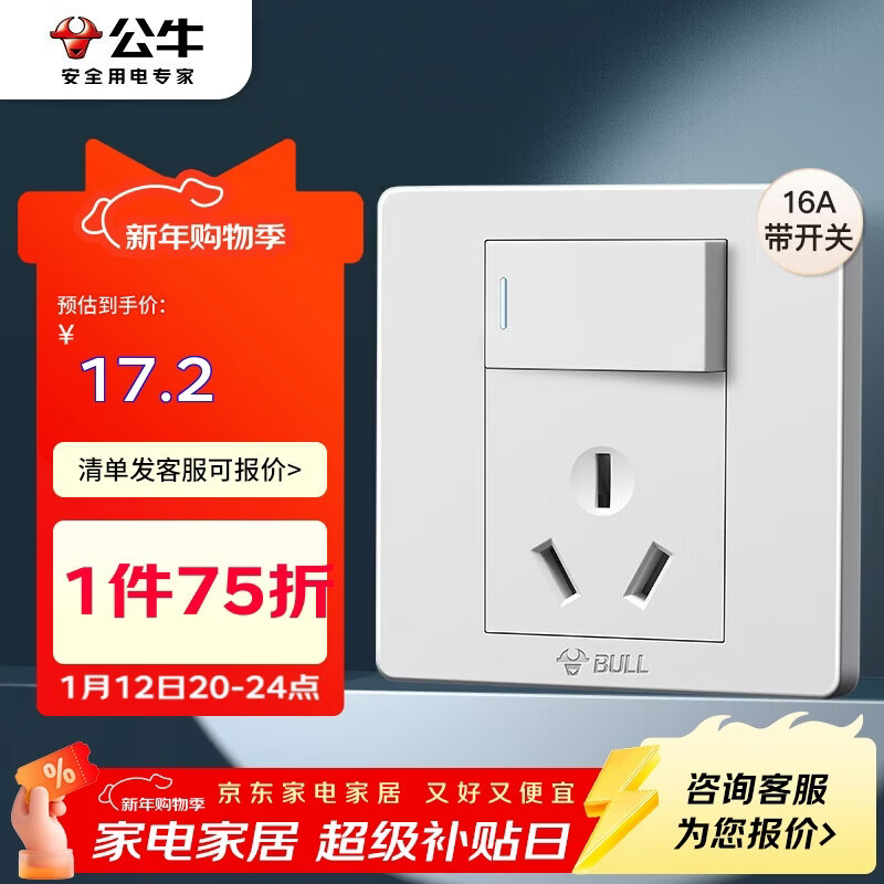 公牛（BULL）开关插座 G07系列 16A带开关插座86型插座面板 G07E204AS 象牙白