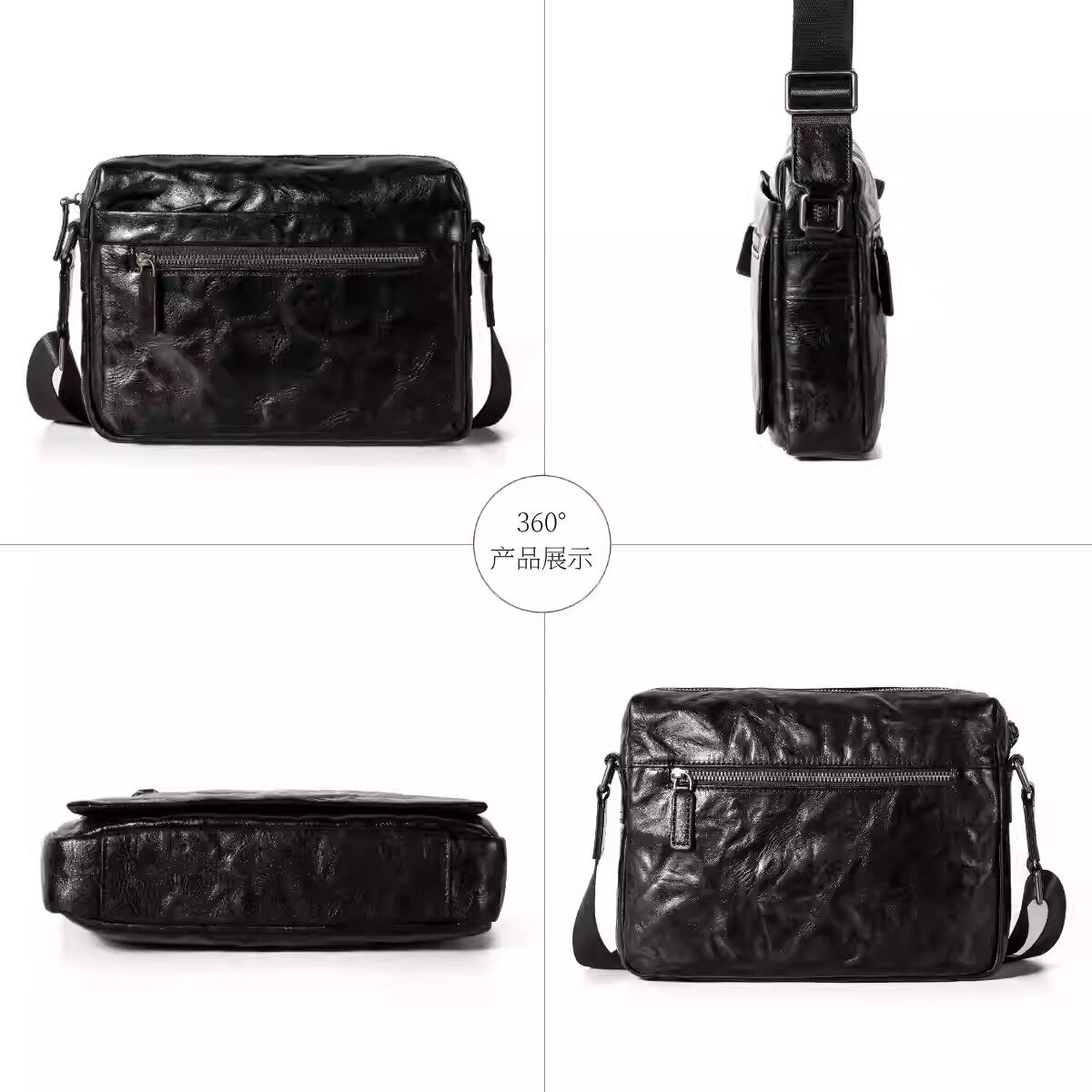 巴利迪亚男士真皮单肩包新款植鞣头层牛皮斜挎包横款高端时尚大容量男包 咖啡色