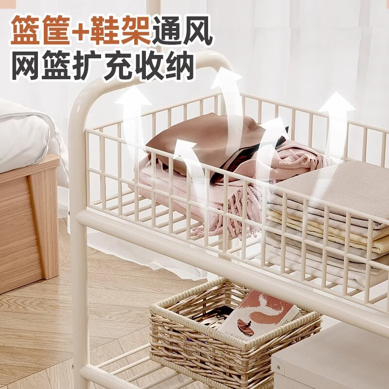 【厂家直发】衣帽架落地储物挂衣架可移动简易家用衣服收纳置物架 60cm奶油白-双层置物架