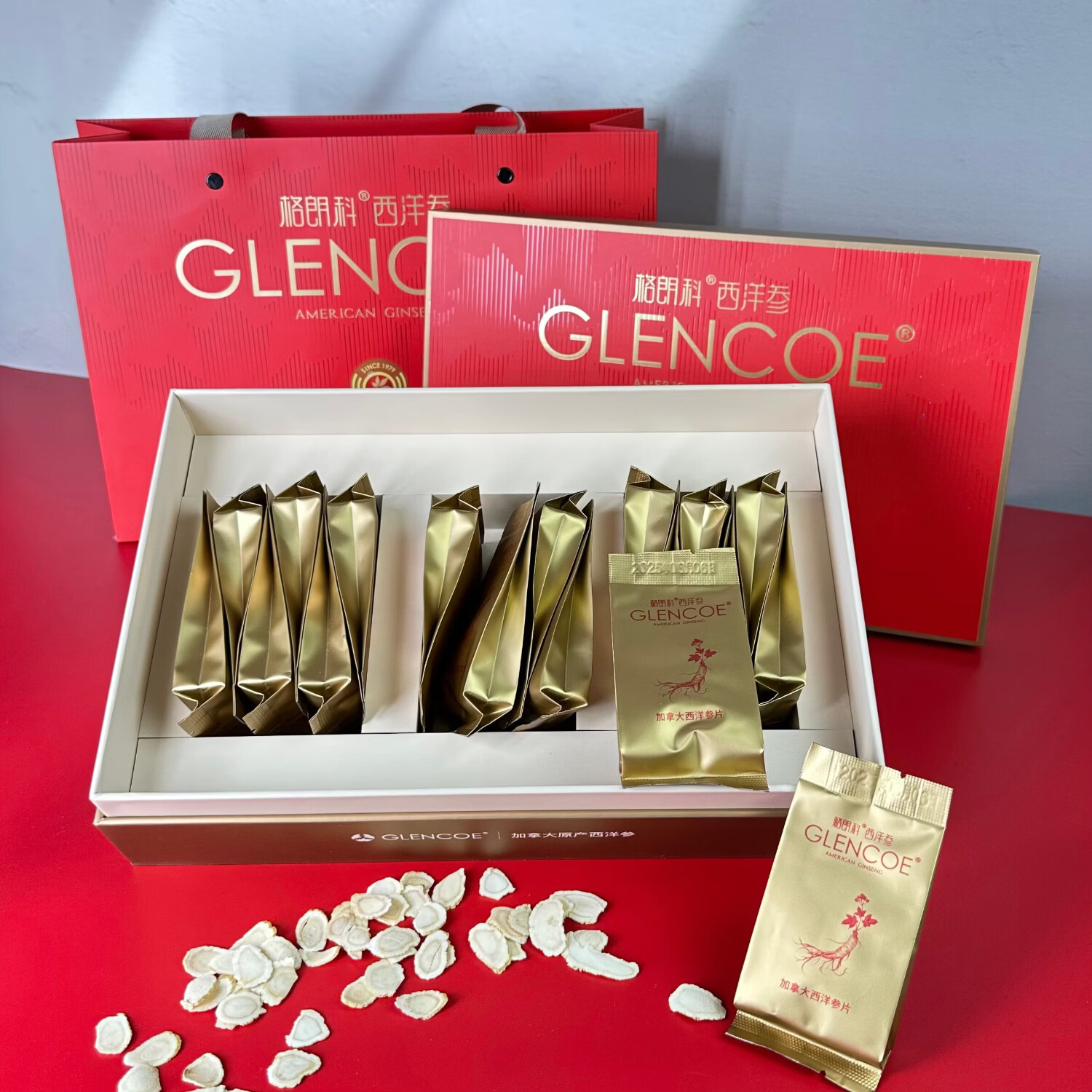 格朗科加拿大西洋参五年中片精美礼盒内含独立小包 喜悦礼盒 5g*18包 共90克 加拿大西洋参（送3g尝鲜装）