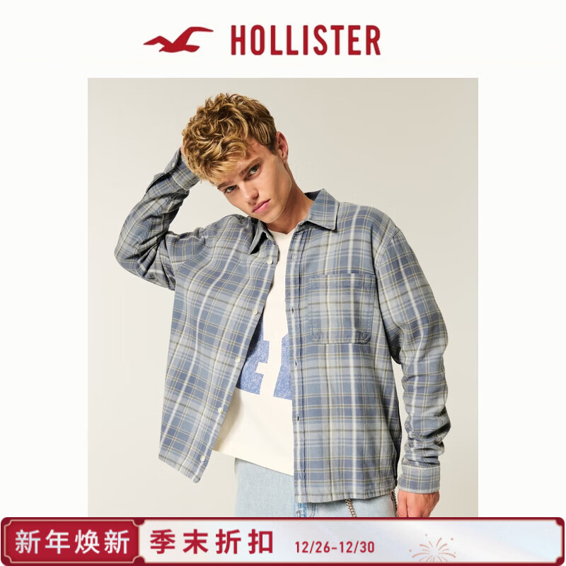HOLLISTER25秋季美式法兰绒宽松格子长袖衬衫男装325-5194 蓝色格子 M (180/100A)