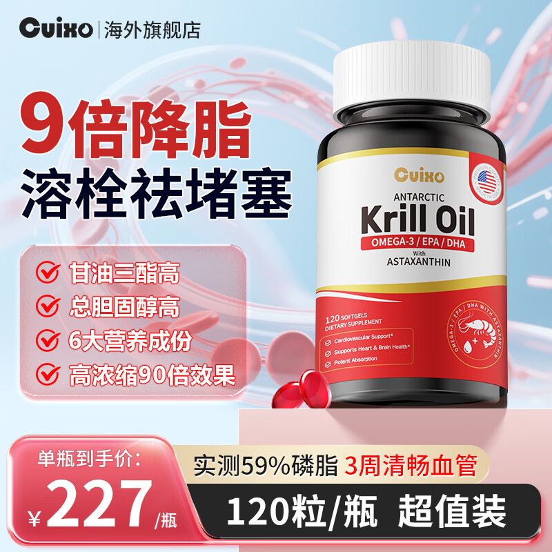 CUIXO美国原装进口高纯度南极磷虾油降血脂护心脑血管omega-3深海鱼油 120粒*1瓶 【溶栓降脂】