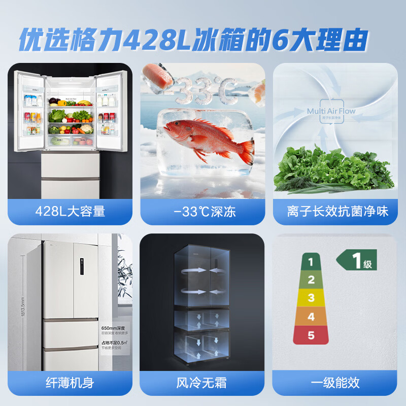 格力(GREE)晶弘家用法式多门冰箱428L深冻锁鲜BCD-428WPFCL/烟墨灰