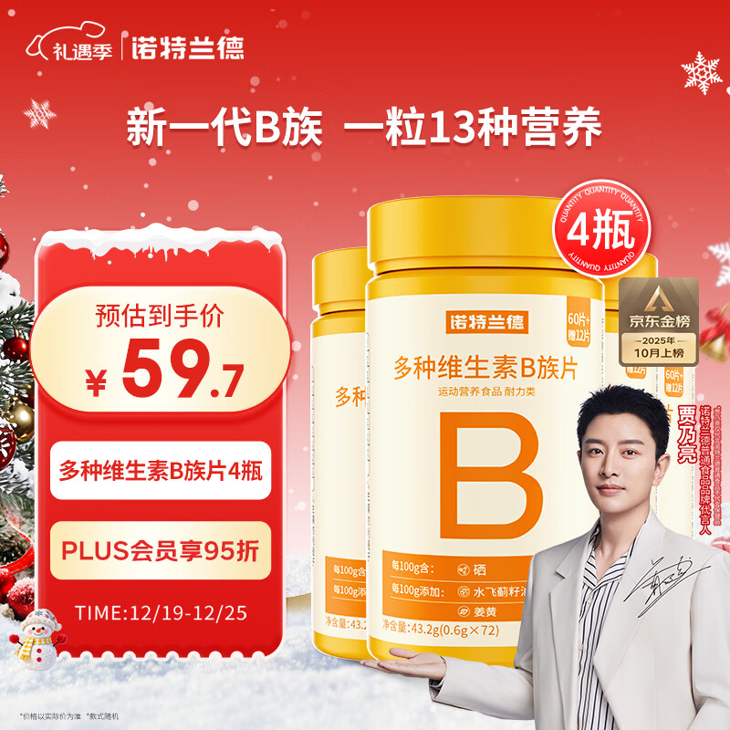 诺特兰德多种维生素B族片【72片/瓶*4】复合维b1b2b6b12烟酸叶酸牛磺酸	