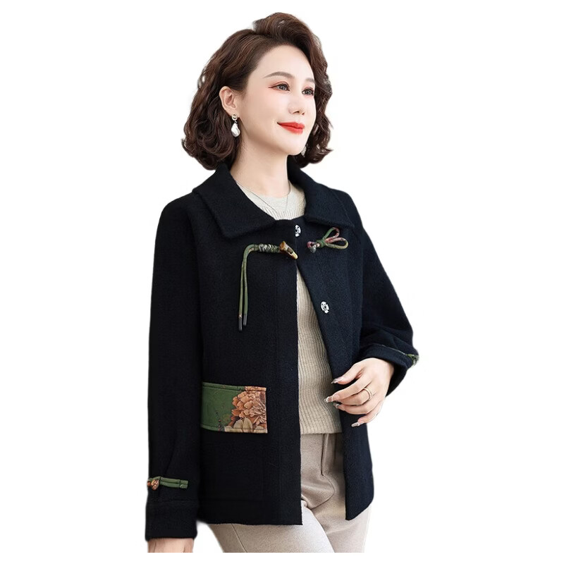 兰铂丽斯中年女装时尚水貂绒大衣秋冬季洋派外套气质妈妈春装高贵呢子上衣 黑色 厚款 2XL 110-120斤