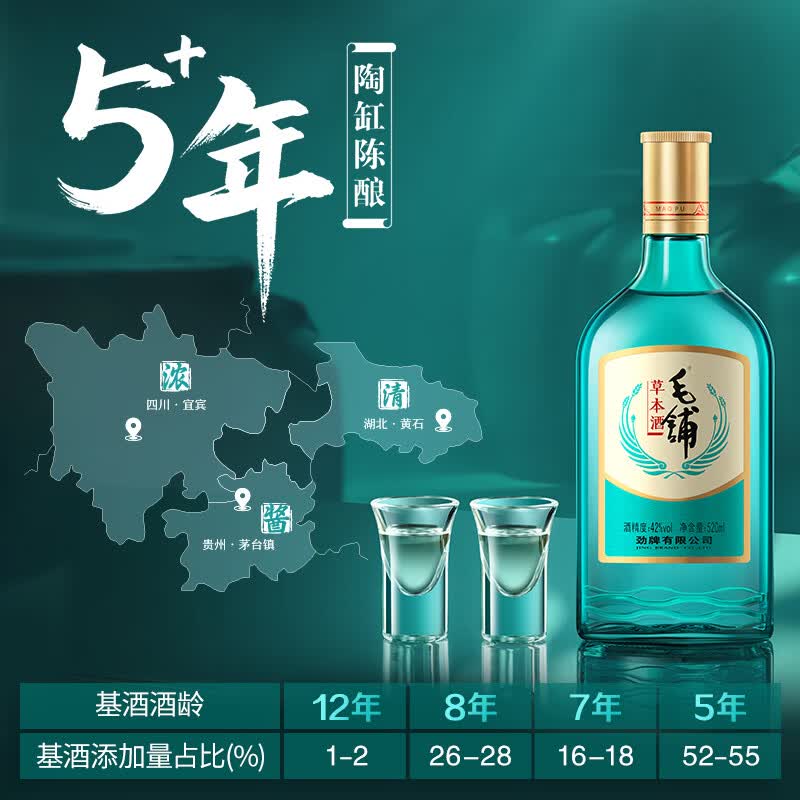 毛铺劲牌毛铺草本酒绿荞纯粮自饮小聚口粮酒光瓶酒白酒基酒 42度 520mL 1瓶 毛铺草本酒