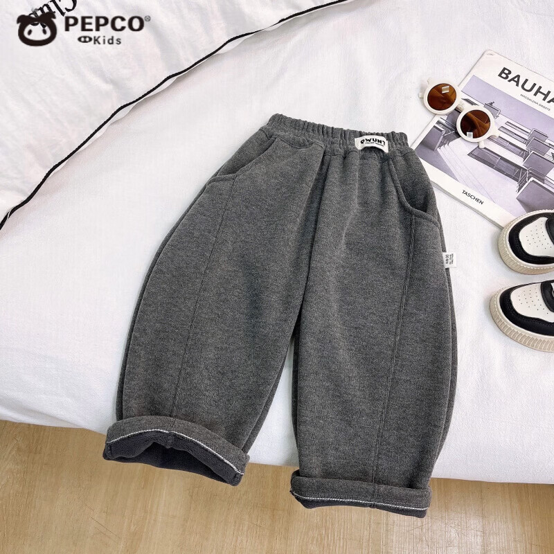 小猪班纳（PEPCO）冬季儿童裤子2025秋季新款韩版男童纯色宽松休闲裤宝宝洋气阔腿裤 糯米绒弯刀裤 90 cm