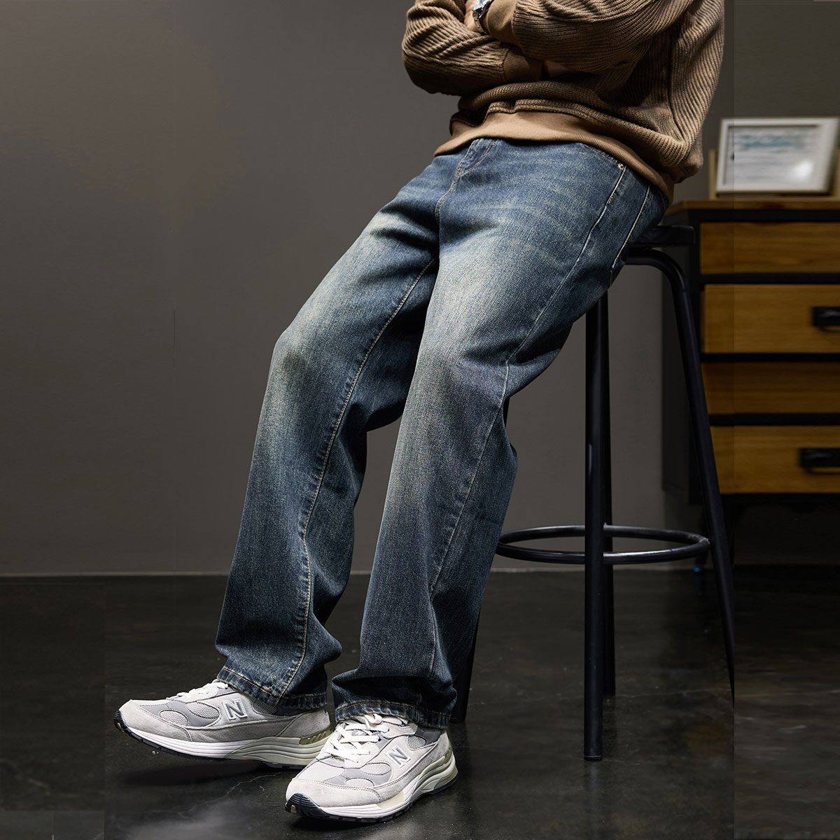 新百伦高端复古直筒牛仔裤男士春秋冬季新款美式长裤子男宽松阔腿男裤 5610蓝色 常规 33 码【建议155-165斤】