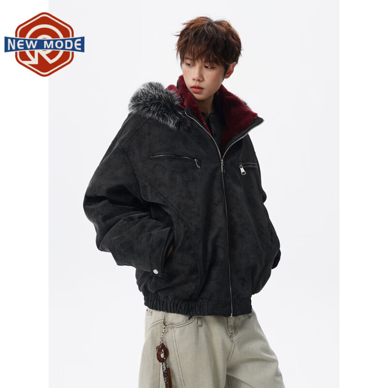 NEW OR MODE美式复古PU皮座山雕棉服男冬季新款加绒加棉保暖宽松休闲棉衣外套 黑色 XL 【建议125-145斤】