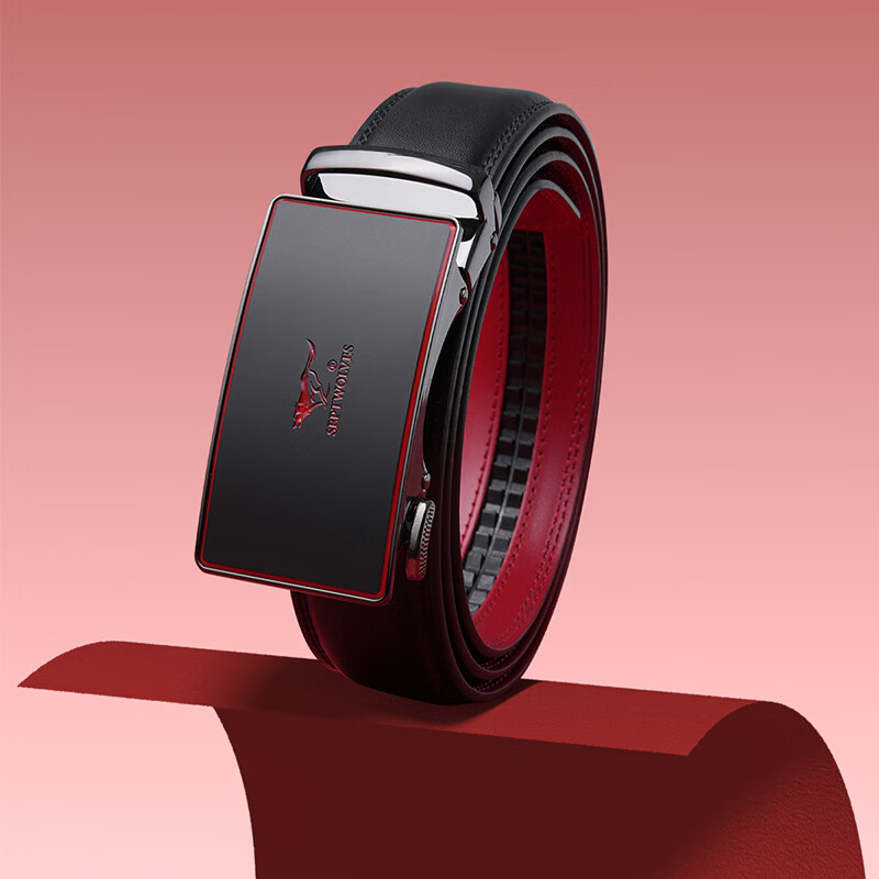 七匹狼本命年皮带2026新款马年男士真牛皮自动扣红腰带生日送爸爸送男友 福运亨通丨外黑内红 120cm （120-125）