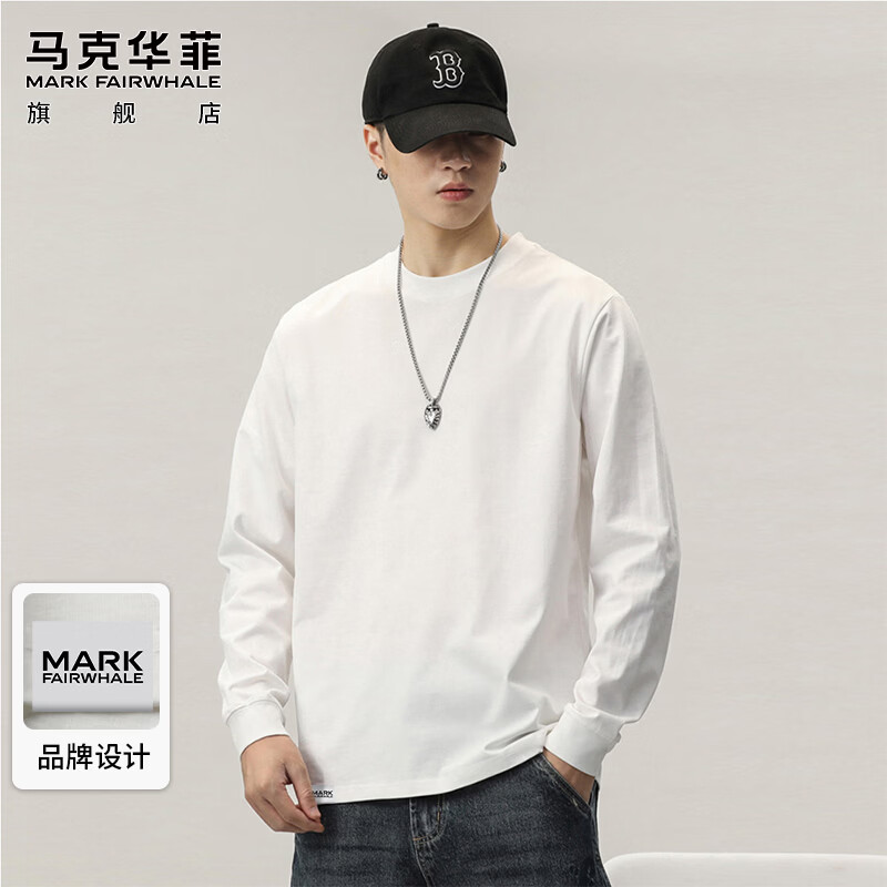 马克华菲（MARK FAIRWHALE）长袖t恤男士春秋季休闲纯棉内搭打底衫潮牌上衣外套男 白色 L
