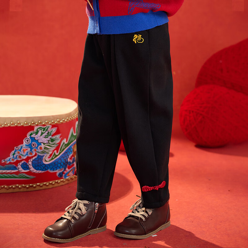 棉花堂（cottontown）【新年】棉花堂童装女童加绒加厚裤子保暖儿童盘扣束脚裤拜年服 黑色 90 90/50