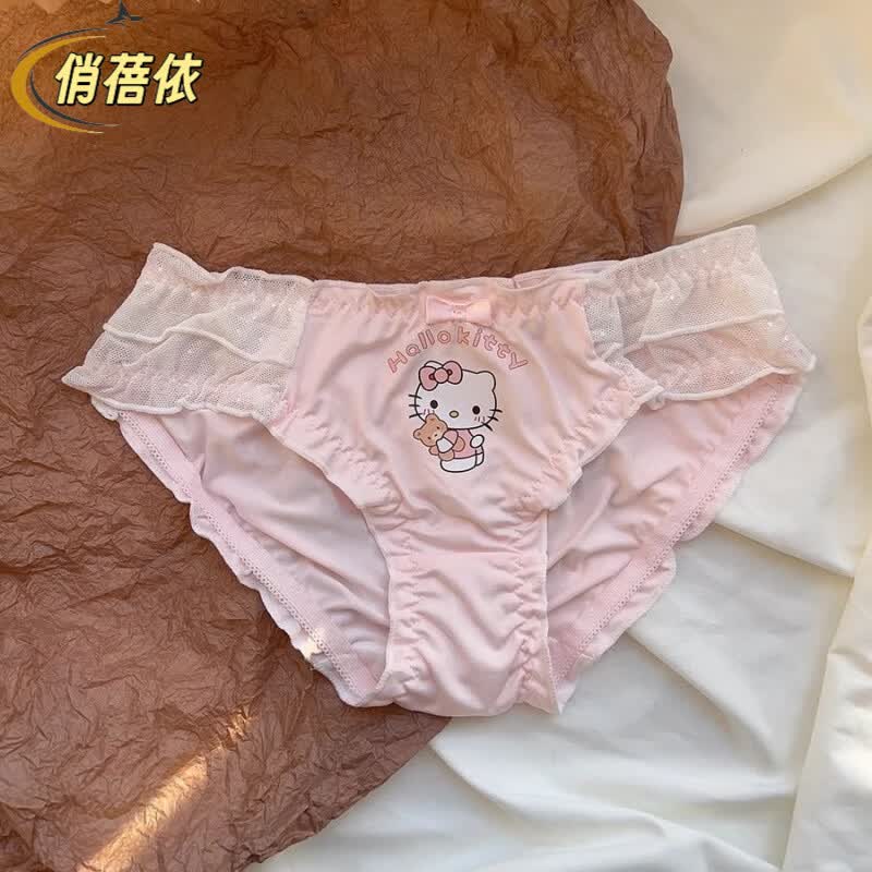 俏蓓依日系可爱kt猫内衣女无钢圈蝴蝶结小胸无痕蕾丝纯欲约会文胸罩套装 单条内裤 XL 【38/85 AB】
