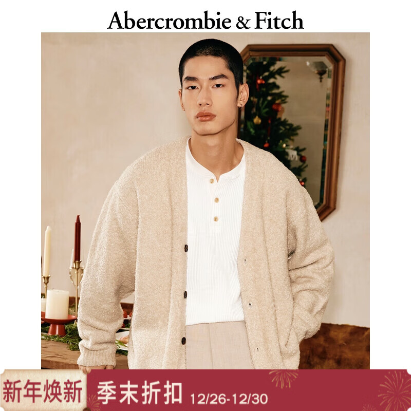 Abercrombie &amp; Fitch经典百搭棉质华夫格亨利领针织长袖T恤25秋冬男装124-5647圣诞 白色 L (180/108A)