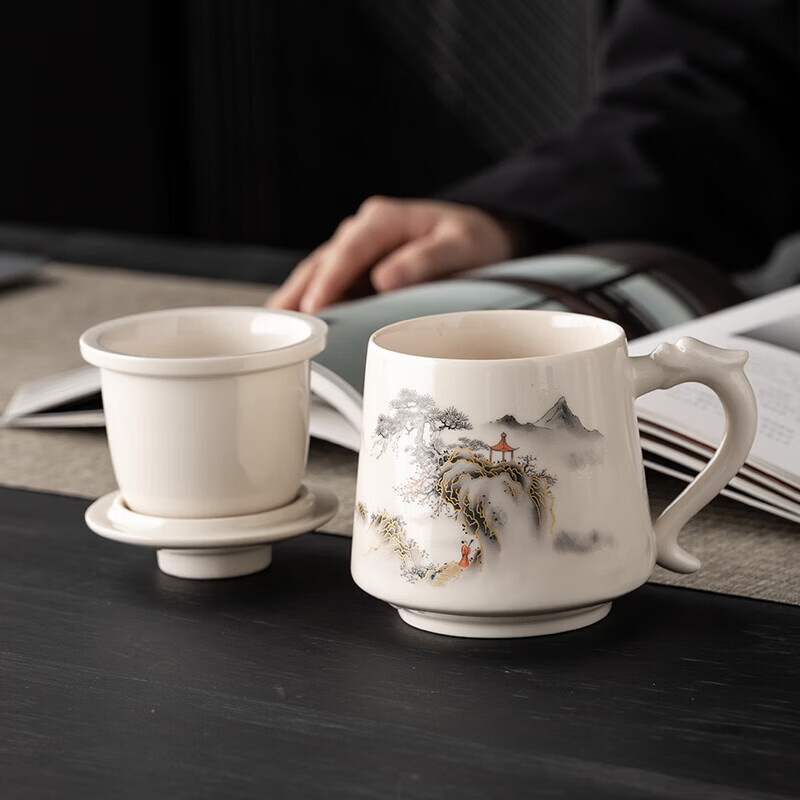 韵化茶杯茶水分离陶瓷个人专用马克水杯高档办公杯公司活动商务伴手礼 草木灰【鱼跃】龙把办公杯三件套