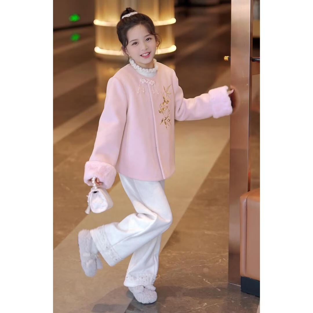 媛媛公主【国风拜年服】儿童呢大衣外套秋冬款女童洋气夹棉加厚保暖棉服 浅粉色 110
