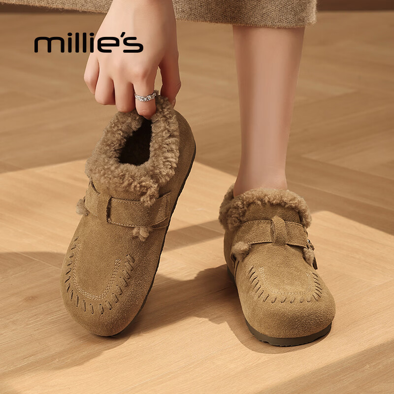 妙丽（Millies）勃肯鞋女低跟加绒时尚舒适休闲2025冬季新款百搭防寒保暖雪地靴 驼色 37 (235mm) 标准码