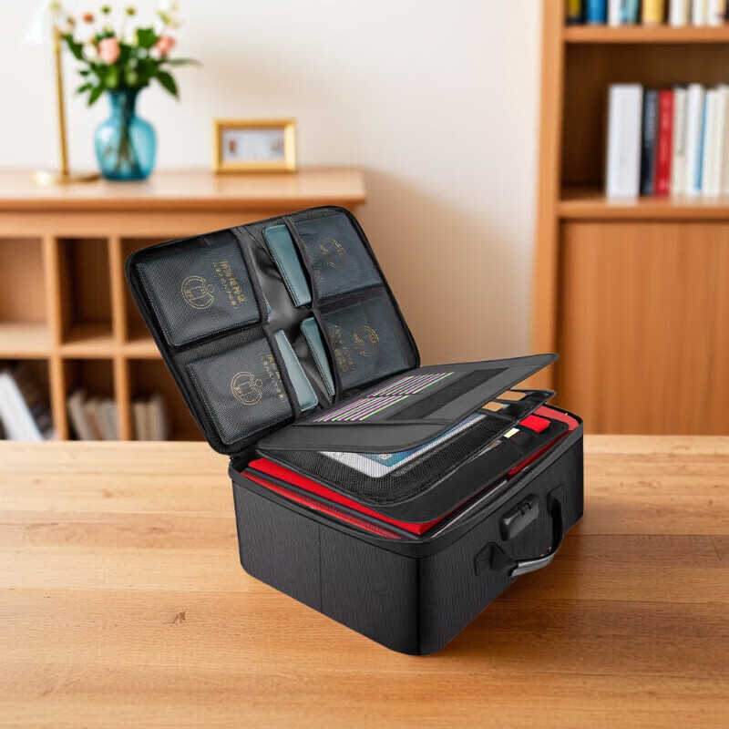 ENGPOW防火防水A4证件收纳包袋带锁大容量证件证书护照毕业证房产证 【折叠升级款】黑色证件包36*27*15cm