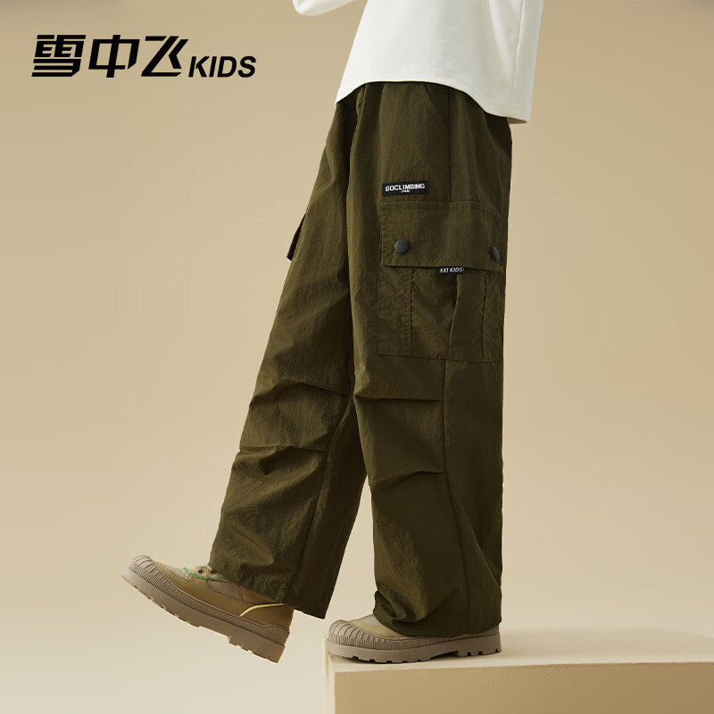 雪中飞(SNOWFLYING)儿童裤子2026春季新款男女童百搭休闲户外运动宽松工装裤 橄榄绿 170