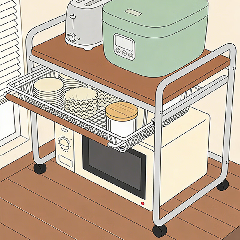 尔思家厨房微波炉架子置物架多功能支架多层家用烤箱台面电饭煲收纳架子 【中古风】大号(升级带抽拉篮)