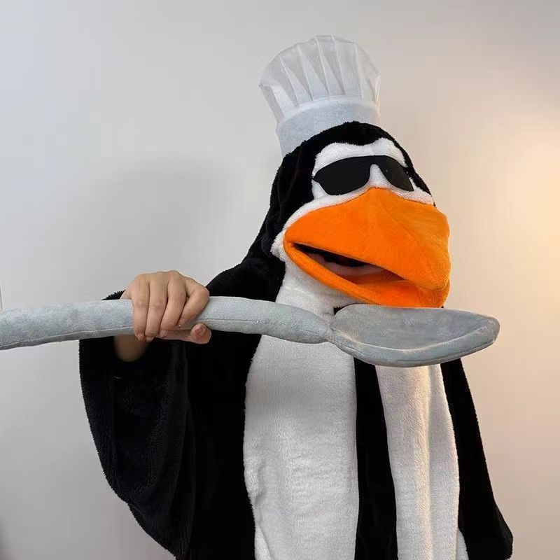 企鹅睡衣男女连体抽象家居服保暖加绒加厚睡袍可外穿的冬季家居服 黑白企鹅+厨师帽+勺子+鞋 XL 建议身高175-185CM