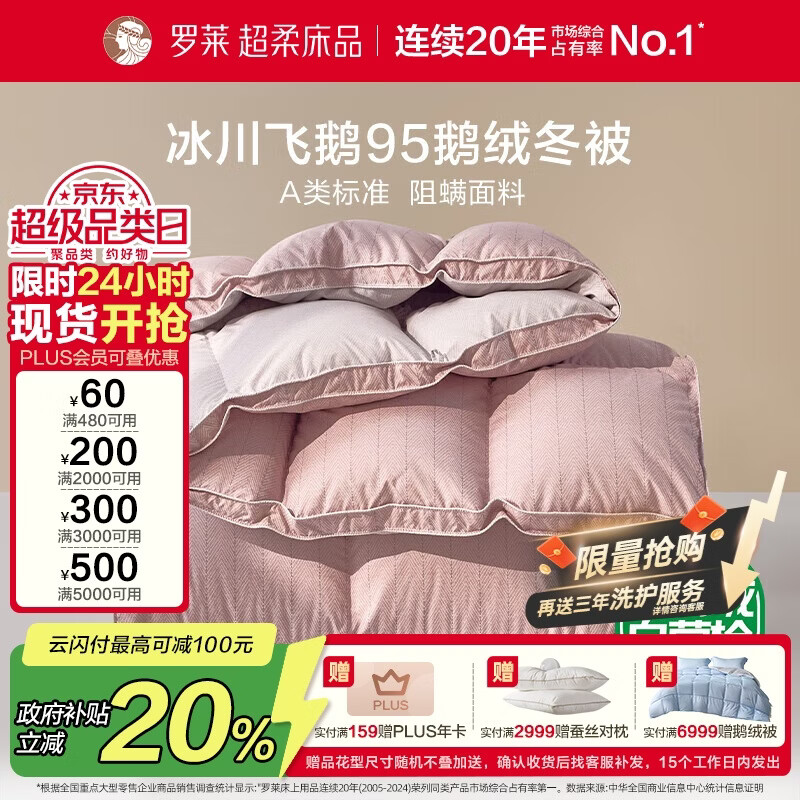 罗莱家纺 羽绒被 A类95%水洗鹅绒被子保暖冬被芯 约4.3斤粉