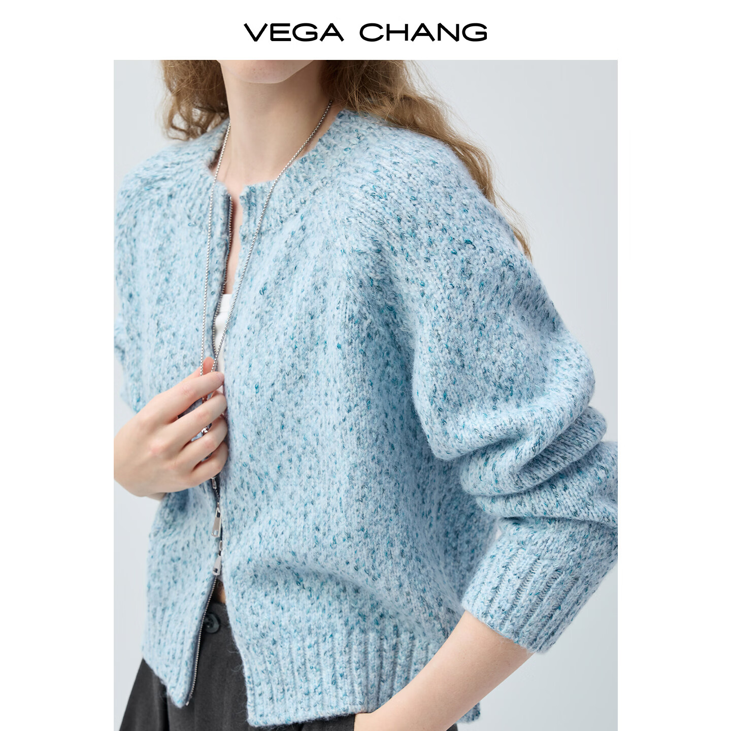 VEGA CHANG【青绒雾织】圆领浅蓝斑驳针织开衫女2026新款春季毛衣 浅水蓝 常规 S