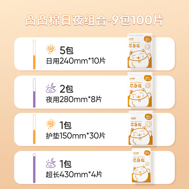 凸凸棉卫生巾透气干爽姨妈巾加长日夜用组合套装【品牌直供安心品质】 日夜组合9包100片