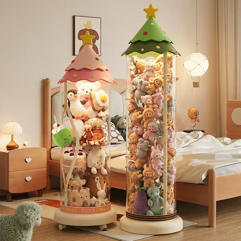 聚可爱娃娃收纳桶家用圣诞树造型装玩偶筒新升级大容量装毛绒玩具防尘筒 升级移动款霜松绿-151cm拉链款【加宽加大底座 】