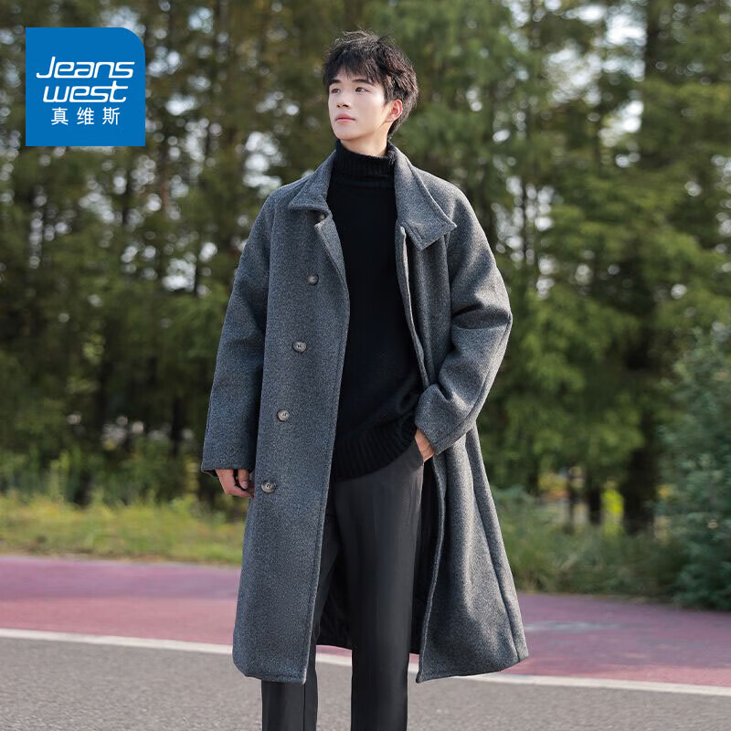 真维斯（Jeanswest）冬季中长款毛呢克鲁苏文职大衣男士青年休闲宽松呢子外套加厚风衣 上帝灰 L