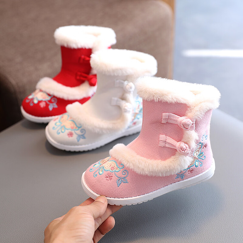 【厂家直供】冬季女童汉服鞋子老北京布鞋古风儿童绣花鞋加绒短靴 白色A5163 36 码/内长22.3cm