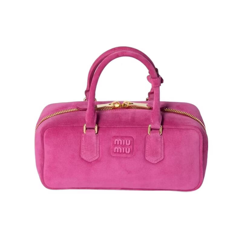 繆繆(MiuMiu)女士單肩包拉鏈閉合雙提手可單肩攜帶便攜收納絨面革粉色 粉色 均碼