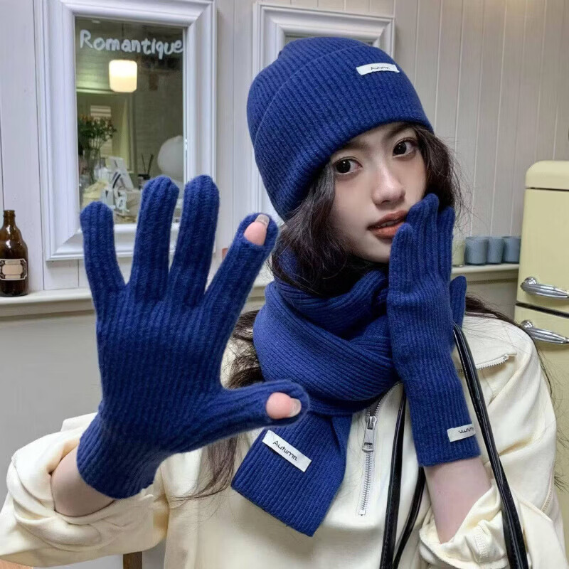 炫逐马年本命年围巾帽子套装红色女士2026针织帽子毛线围巾手套三件套 宝蓝2026新