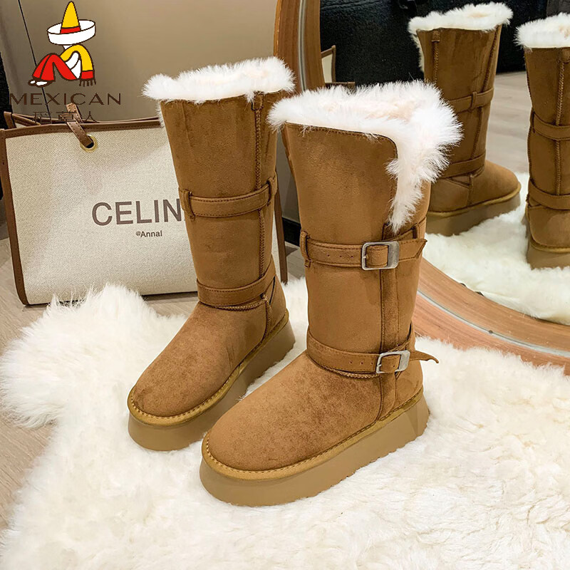 稻草人（MEXICAN）费尔岛款厚底毛毛加绒加厚保暖棉鞋中长筒雪地靴女冬季款灰色高筒 黄色 35