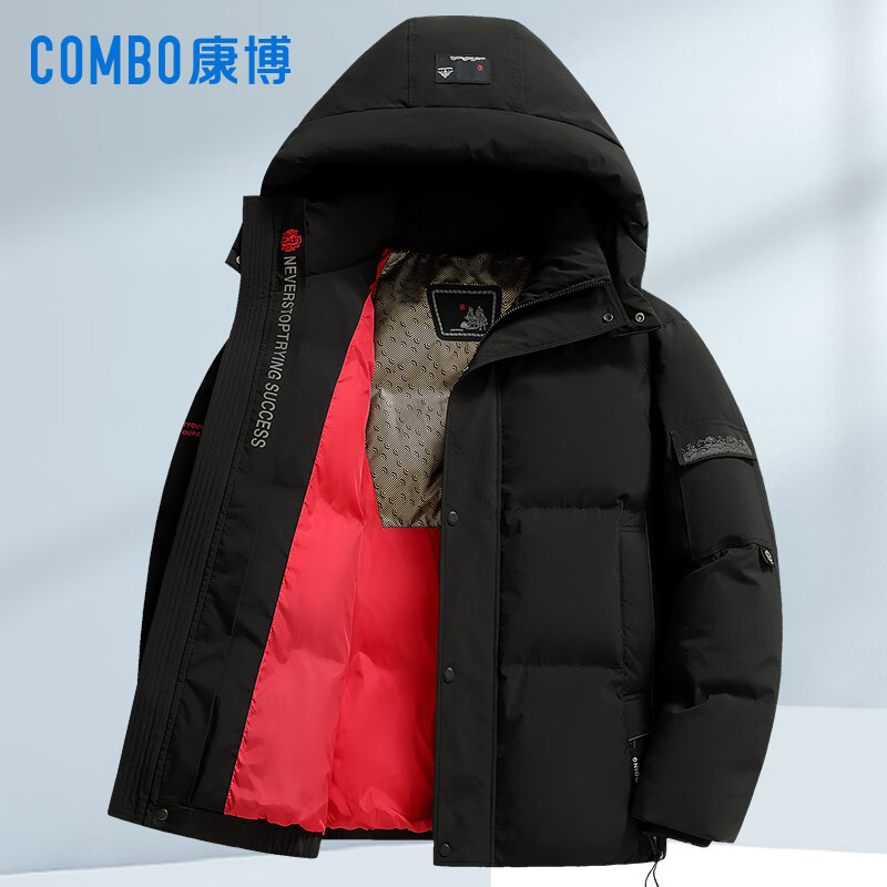 康博男士羽绒服短款国风新潮刺绣加厚保暖青年冬季外套 黑色 180