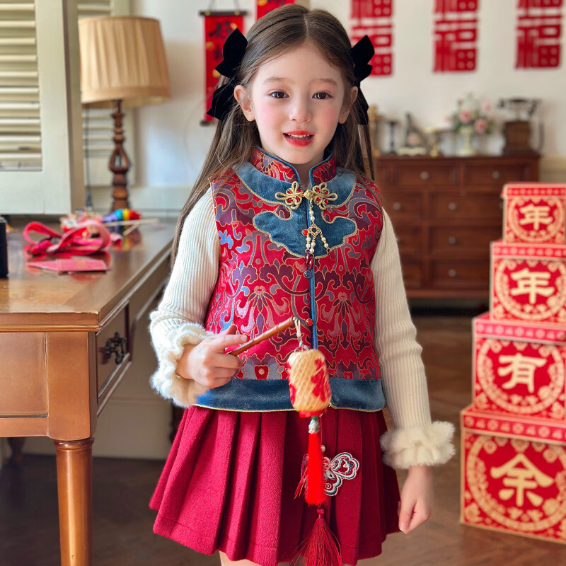 栀了成长记童装女童红色新年唐装上衣2025冬季儿童新中式夹棉马甲 红色 马甲 100