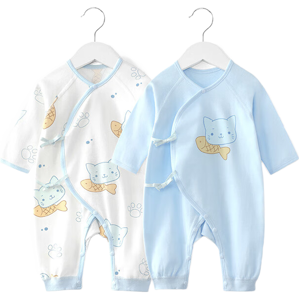 舒貝怡2件裝嬰兒衣服秋季薄款寶寶純棉連體衣新生兒蝴蝶衣0-3個月哈衣 小貓藍(lán)色 66cm