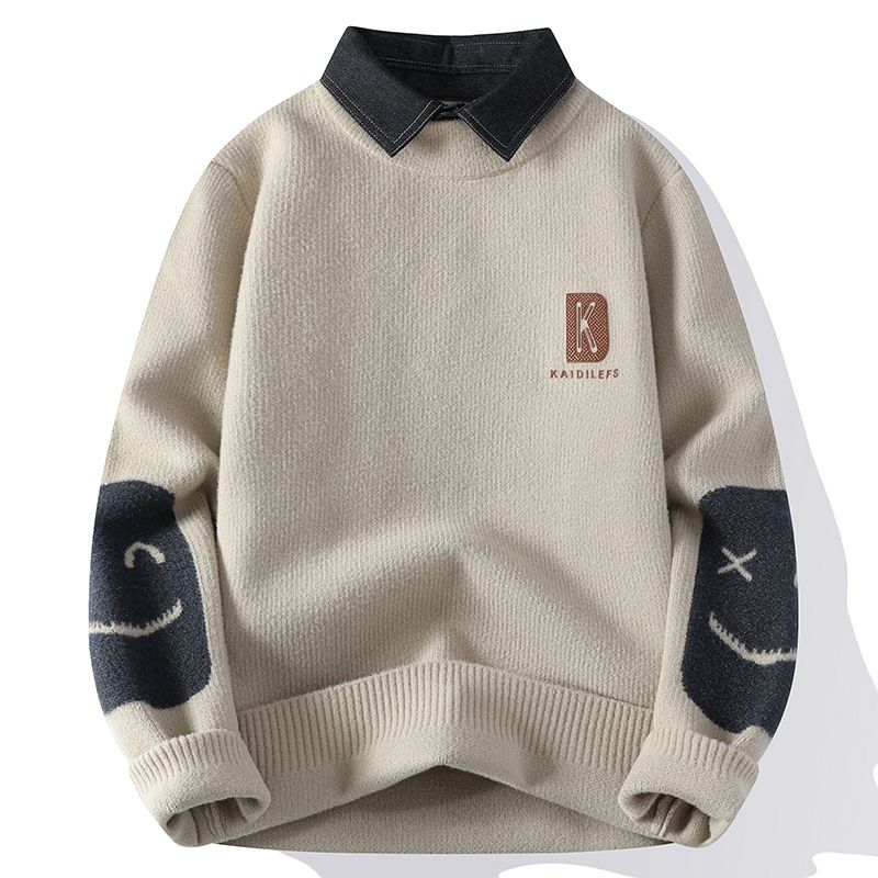 冬季假两件毛衣男加厚衬衫领毛线衣潮流帅气青年百搭保暖针织衫潮 9620卡其 均码 4XL建议165180斤