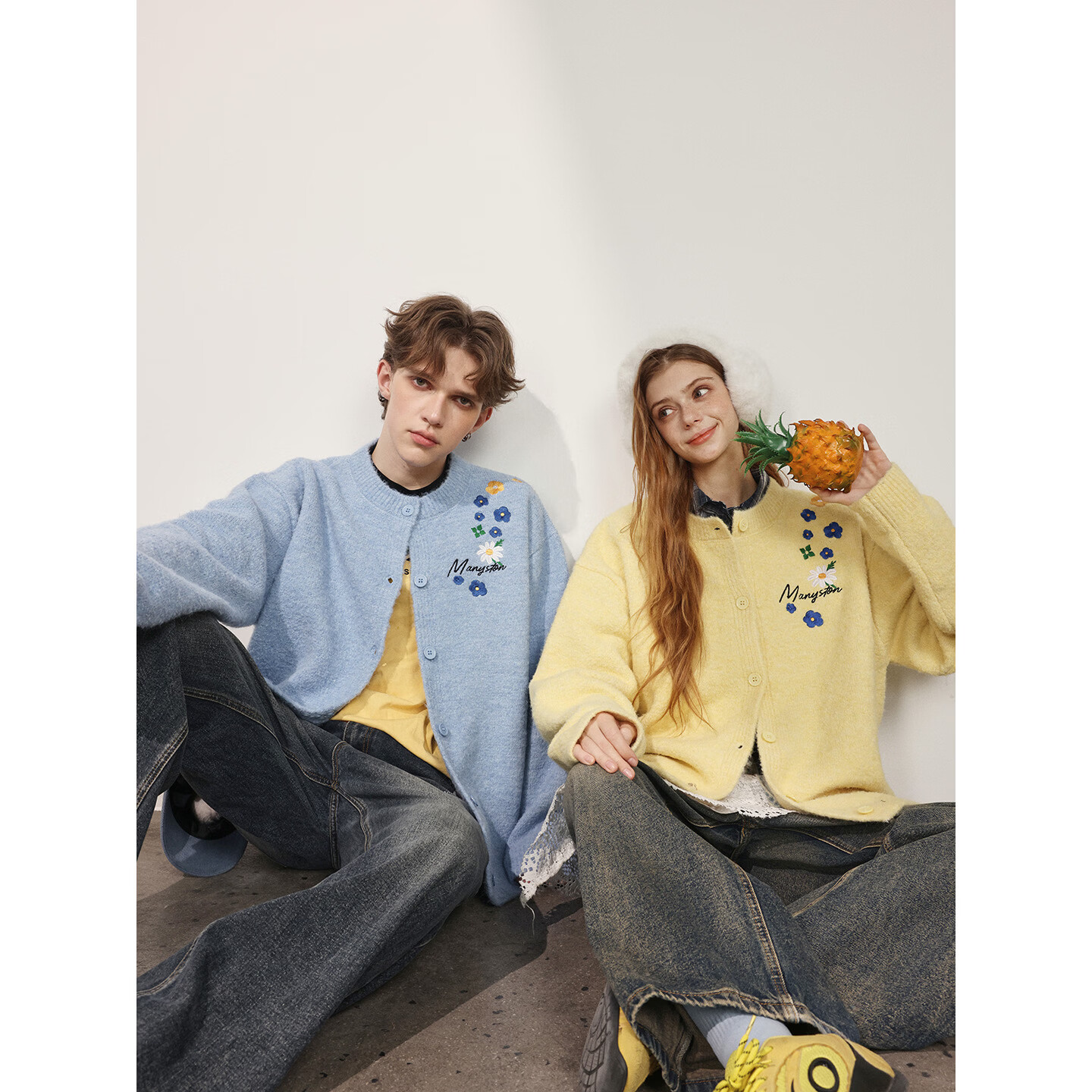 MANYSTON美式针织开衫毛衣男款春秋季潮牌宽松情侣装休闲长袖外套 杏色 S