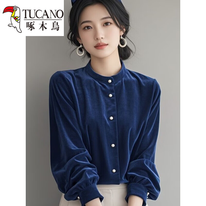 啄木鸟（TUCANO）女士衬衫时尚丝绒衬衫女长袖秋冬新款宽松显瘦上衣女士衬衫打底衫 棕色 S